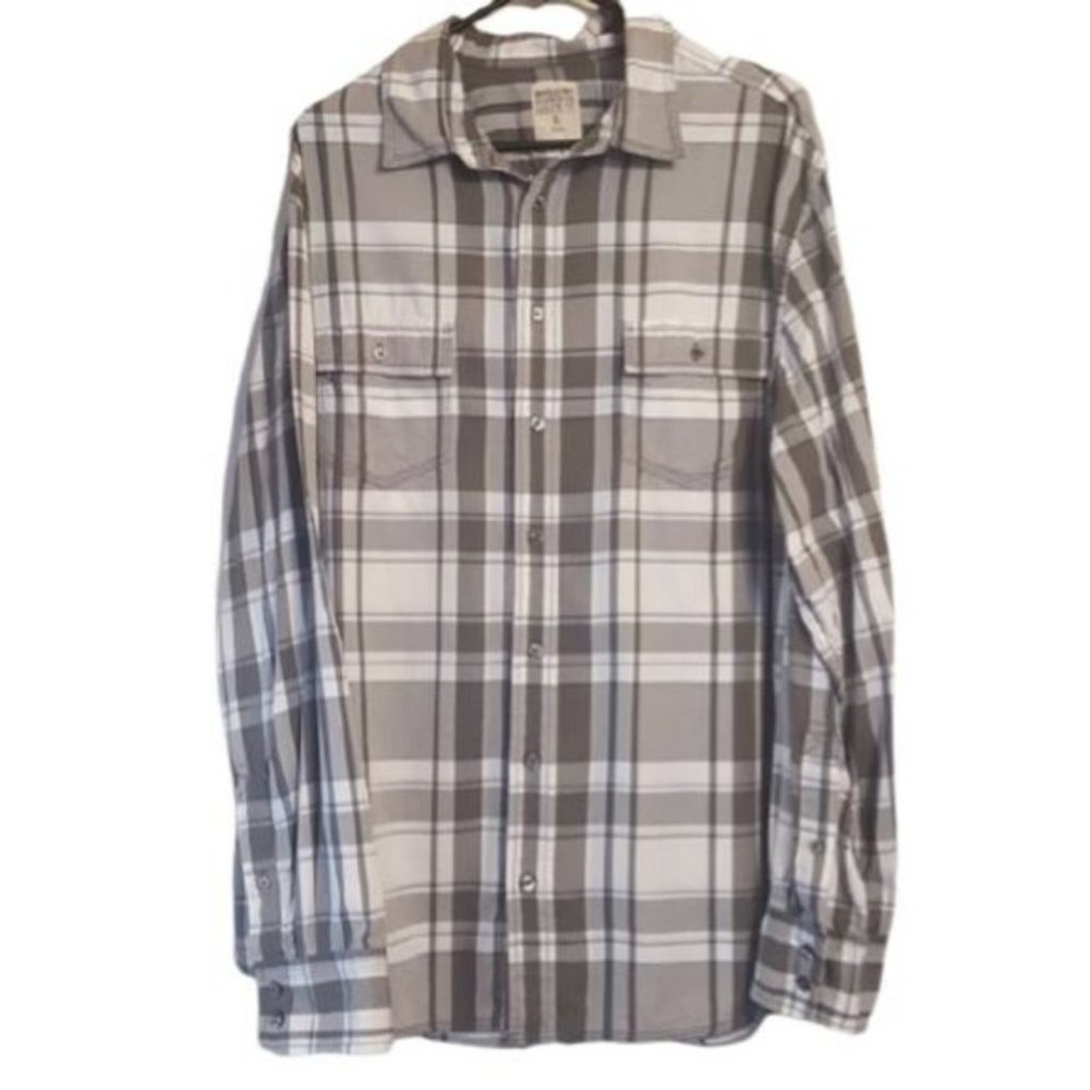 Mossimo Supply Co Men's Athletic Fit Gray Blue Plaid Button Front Shirt